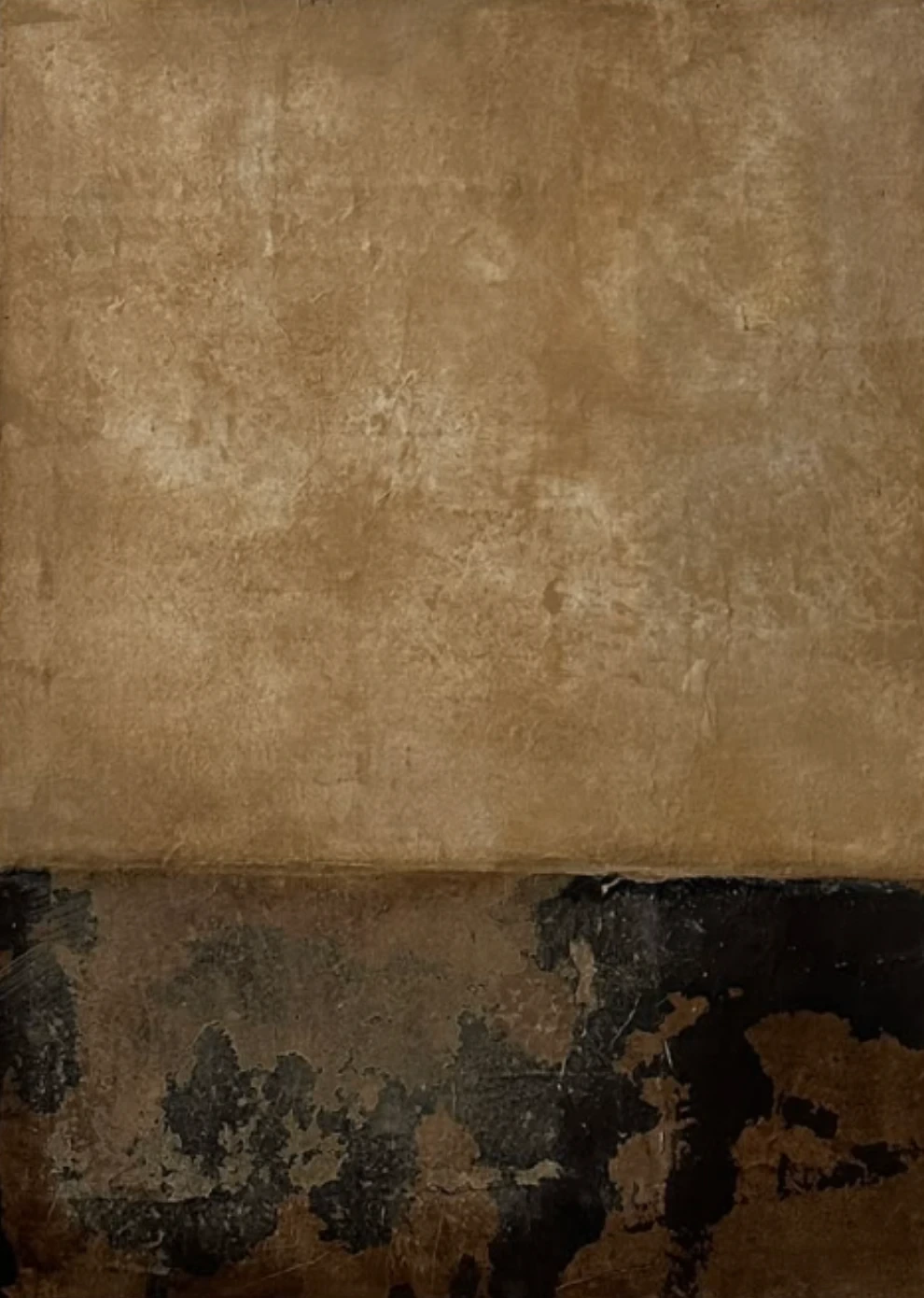 Untitled (GES#2) by Alexandra Yan Wong, a tall work with a warm ochre clay field above a dark band of black and brown