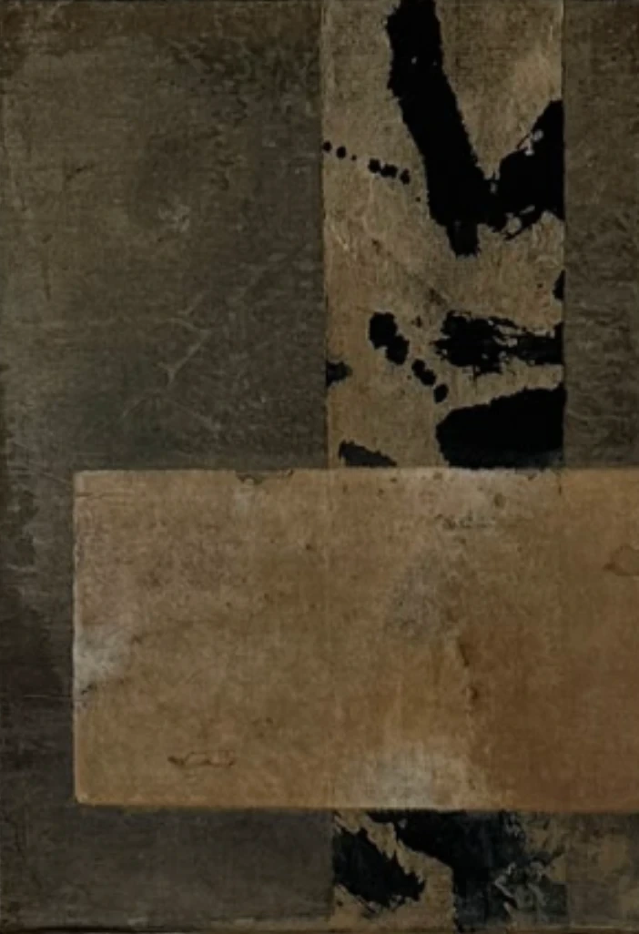 Untitled (GES#5) by Alexandra Yan Wong, layered dark grey and ochre panels crossed by black brush marks