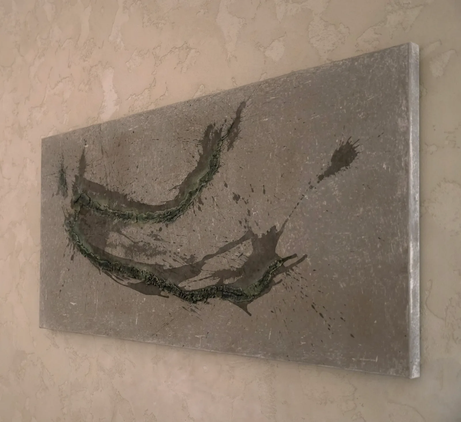 Unearthing Series #3 by Eleanor Herbosch seen at an angle on a plaster wall, showing the depth of the canvas edge