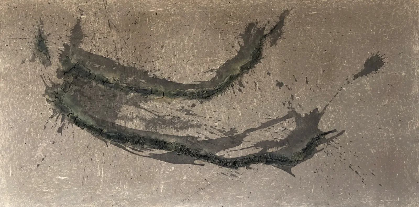 Unearthing Series #3 by Eleanor Herbosch, a wide canvas of warm earth tones with two sweeping arcs of raised green-grey clay and dark splashes