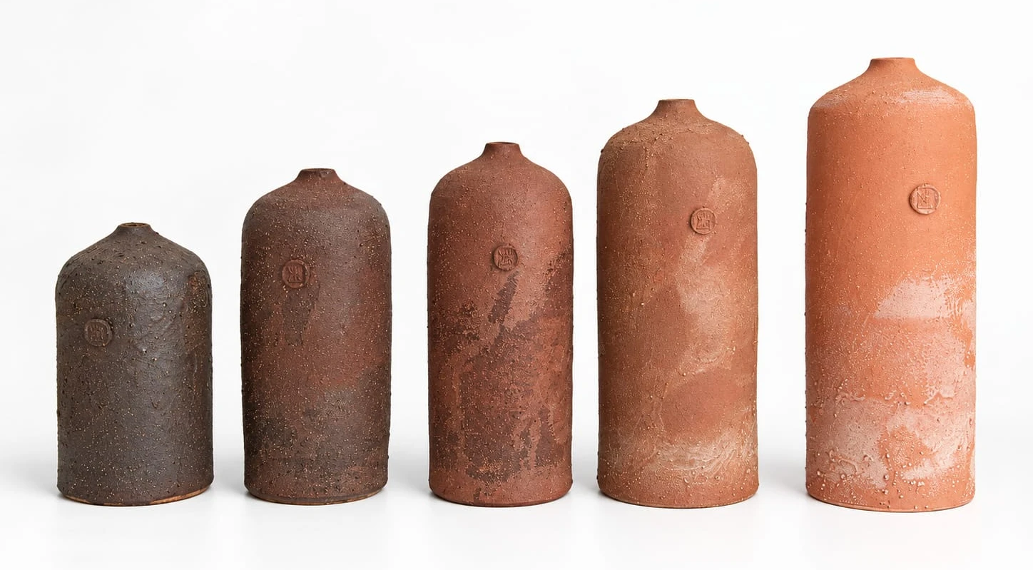 Bottle Series by Jacob Chan, five unglazed London Clay bottles rising in height from dark brown to pale terracotta