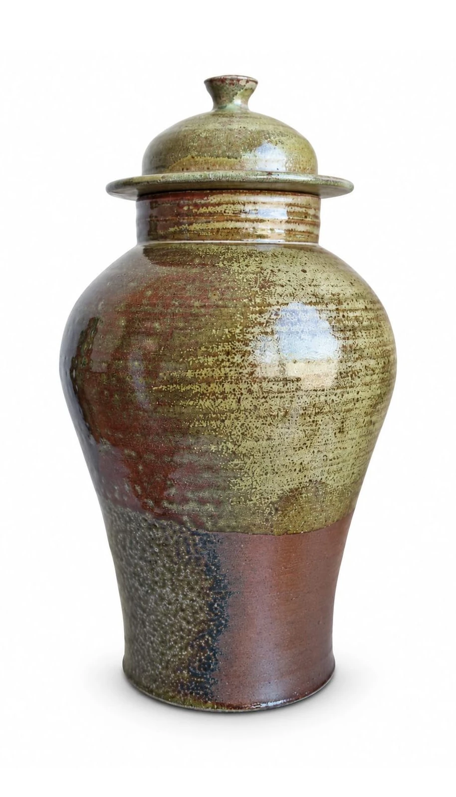 The other side of Ginger Jar by Jacob Chan, showing green and rust glaze over the bare clay foot