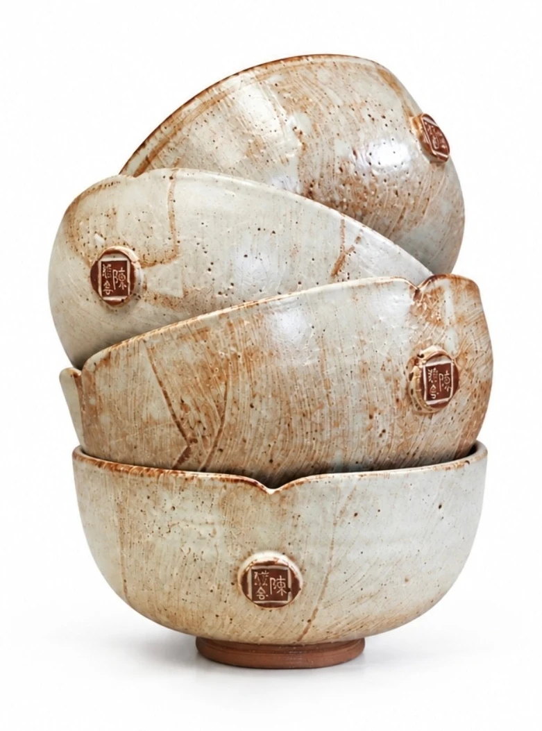 Lotus bowls by Jacob Chan stacked at angles, showing their petal rims and stamped seals