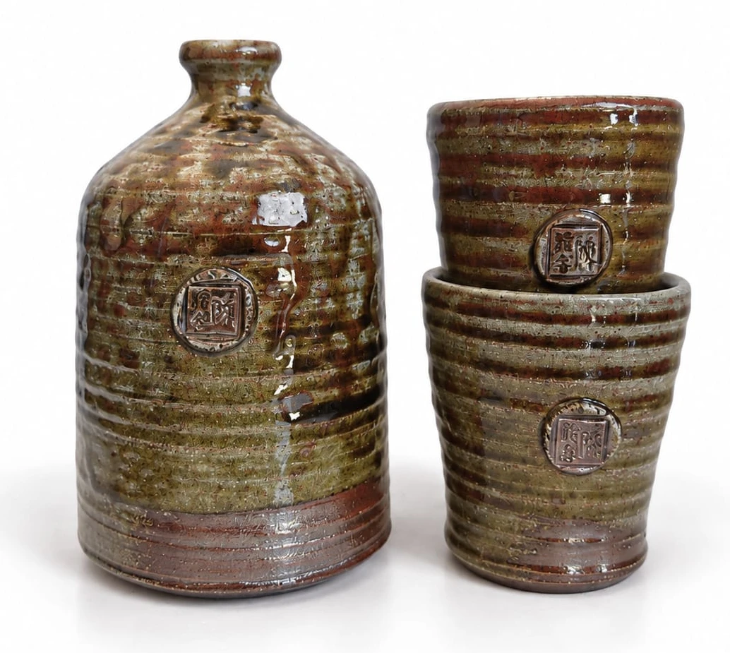 Sake Set #2 by Jacob Chan, a round-shouldered green and rust soda-fired bottle beside two stacked ribbed cups